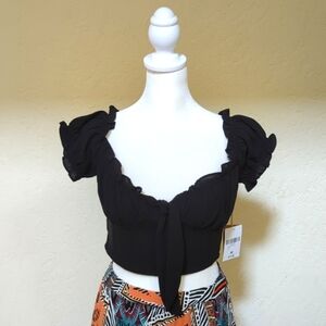 Forever 21 Black Woven Ruffled Milkmaid Tie-Front Crop Top Size Medium